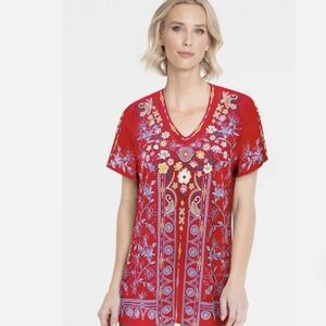JOHN MARK FLORAL EMBROIDERY V NECK SLEEVE TOP